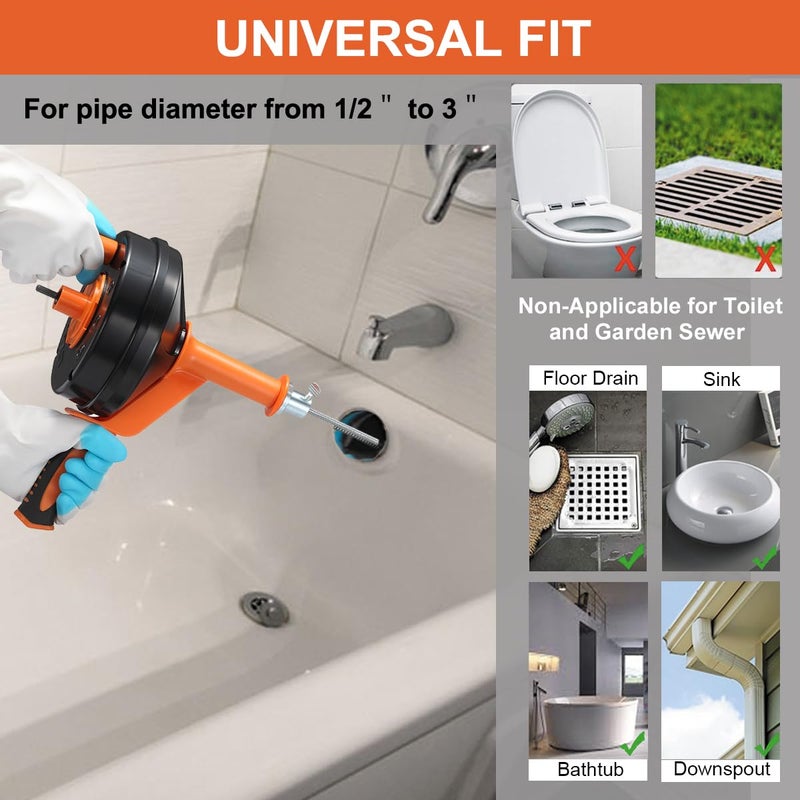 BACEYIOU Drain Auger, Clog Remover with Drill Adapter, 25 Feet Flexible Plumbing Snake Use Manually or Powered for Kitchen, Bathroom and Shower Sink, Comes with Gloves (orange) - Image 2